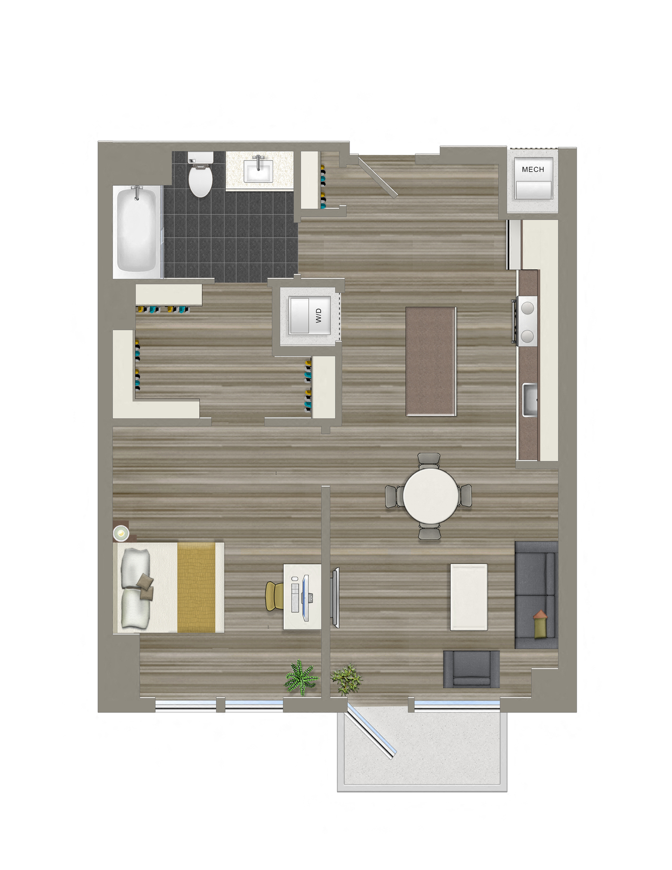 Floor plan for 1 bed, 1 bath, 743 sqft